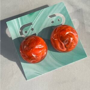 1970s Orange Marbled Half-Sphere Clip-On Earrings Retro Statement Jewelry